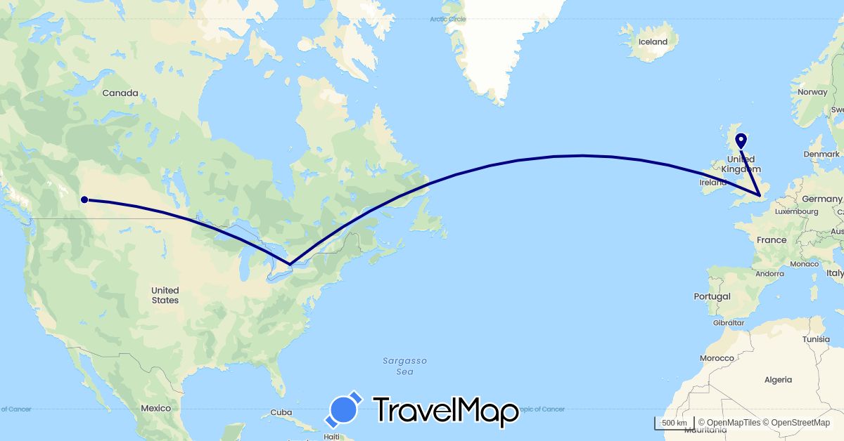 TravelMap itinerary: driving in Canada, United Kingdom (Europe, North America)